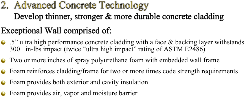 2.  Advanced Concrete Technology
      Develop thinner, stronger & more durable concrete cladding 

Exceptional Wall comprised of:

￼ .5” ultra high performance concrete cladding with a face & backing layer withstands   
 300+ in-lbs impact (twice “ultra high impact” rating of ASTM E2486)

 ￼Two or more inches of spray polyurethane foam with embedded wall frame

￼ Foam reinforces cladding/frame for two or more times code strength requirements

￼ Foam provides both exterior and cavity insulation

 ￼Foam provides air, vapor and moisture barrier                                                 